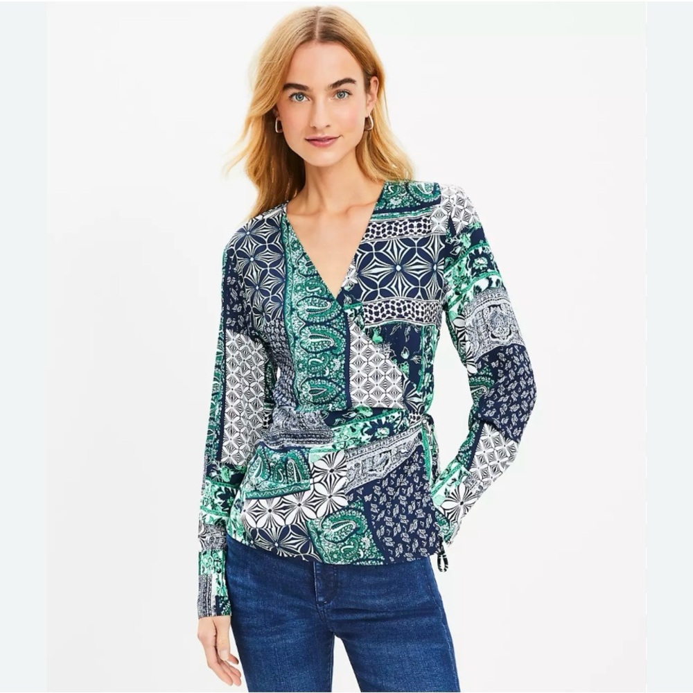 LOFT Patchwork Paisley Floral Long Sleeve Wrap Navy Blue and Green Top Office M